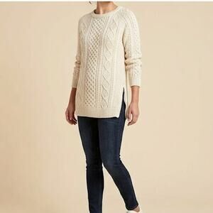 L.L. Bean Signature Fisherman Tunic Sweater M Side Zip Cream Cotton Cable Knit